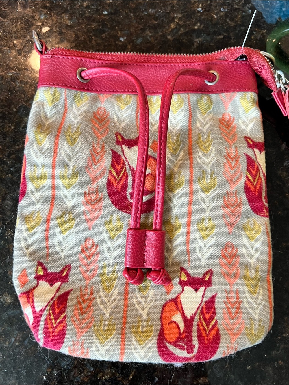 Pink Fox Print Canvas Drawstring Crossbody Bag